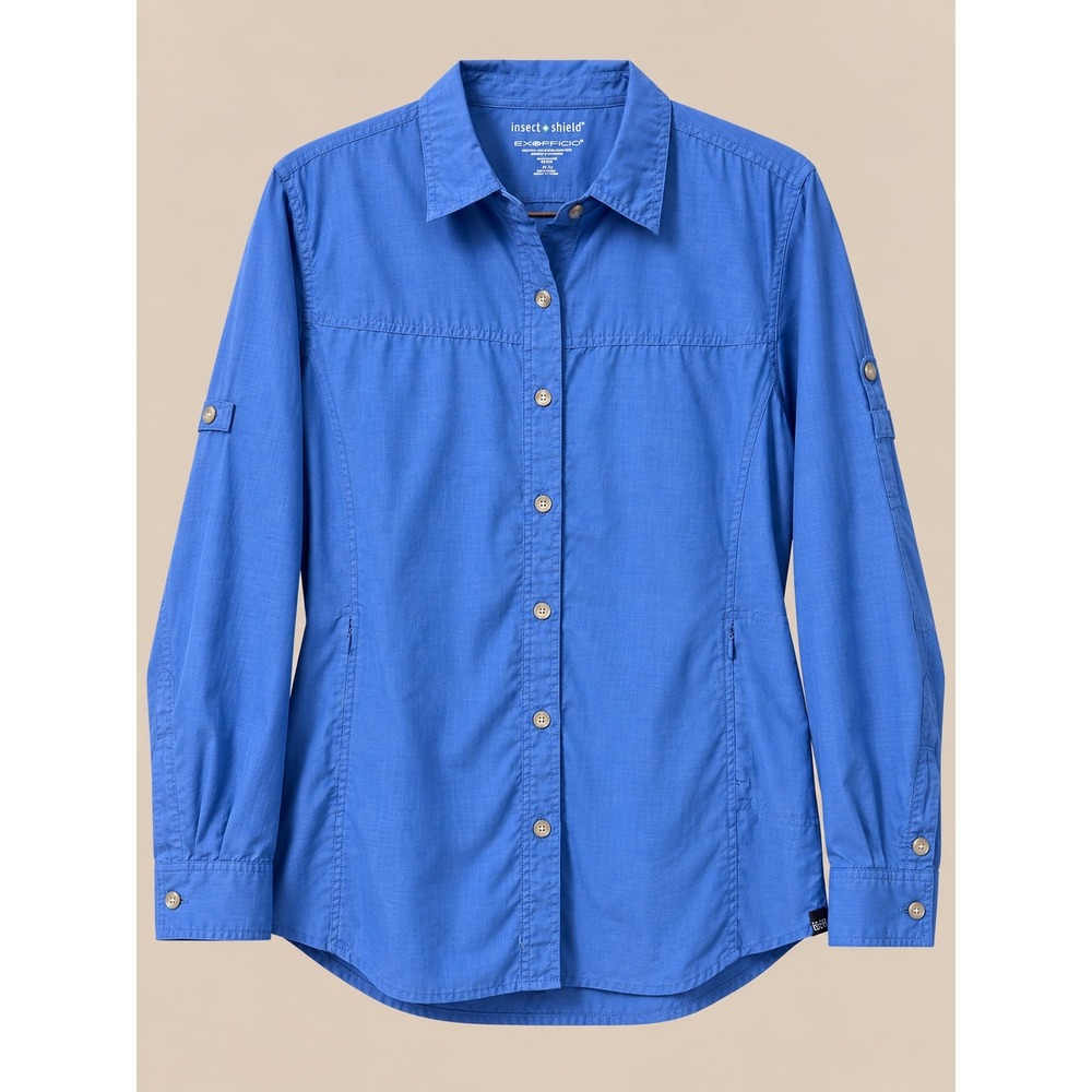 ExOfficio Womens Button Down Large Blue Insect Shield BugsAway Hiking Shirt